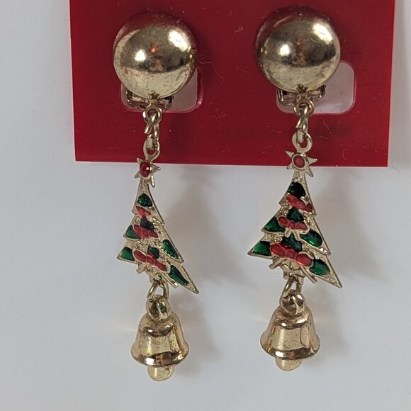 Vintage Christmas Tree Bell Christmas/Holiday Clip On Earrings - Picture 2 of 3
